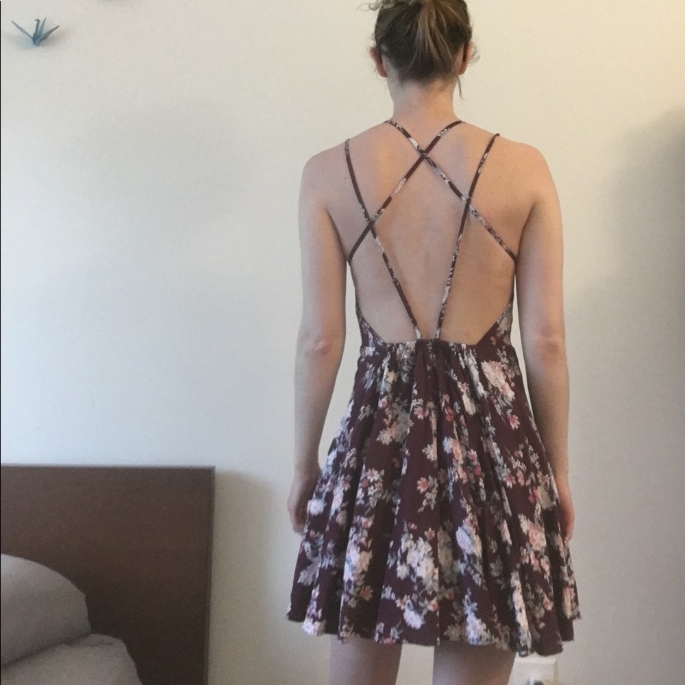 Strappy cross-back burgundy floral dress, size S